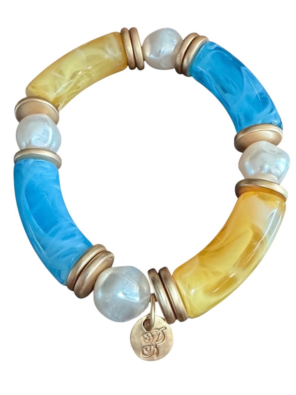 Beaded Stretch Colorblock Bracelet Set, Faux Pearls/Goldtone Accents. Set of 3 - Picture 6 of 10